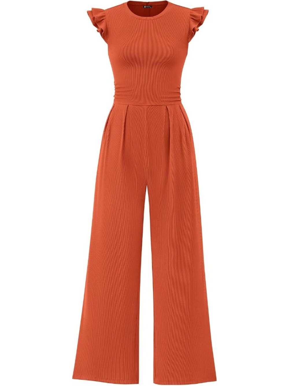 Women's Brick Red Crewneck Jumpsuits Cap Sleeve Ruffle Ribbed Wide Leg Romper